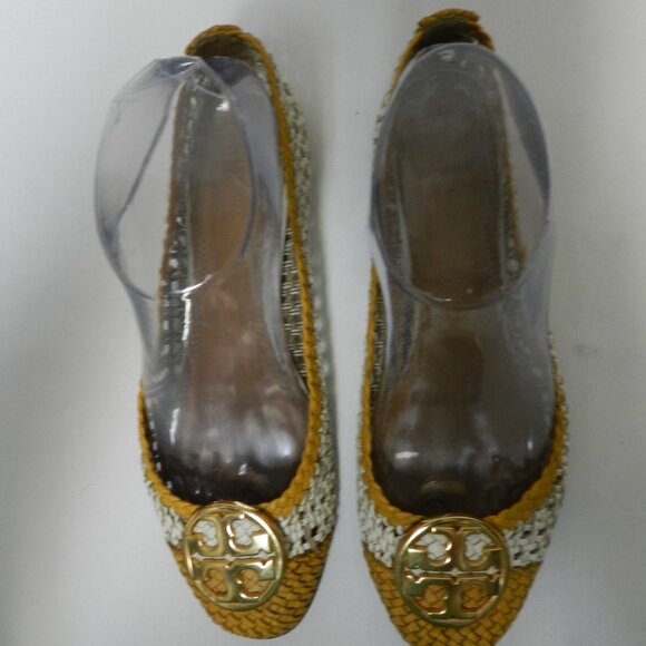 Tory Burch Chelsea Leather Woven Logo flats slides mustard white Size Sz 8.5 - Picture 4 of 13